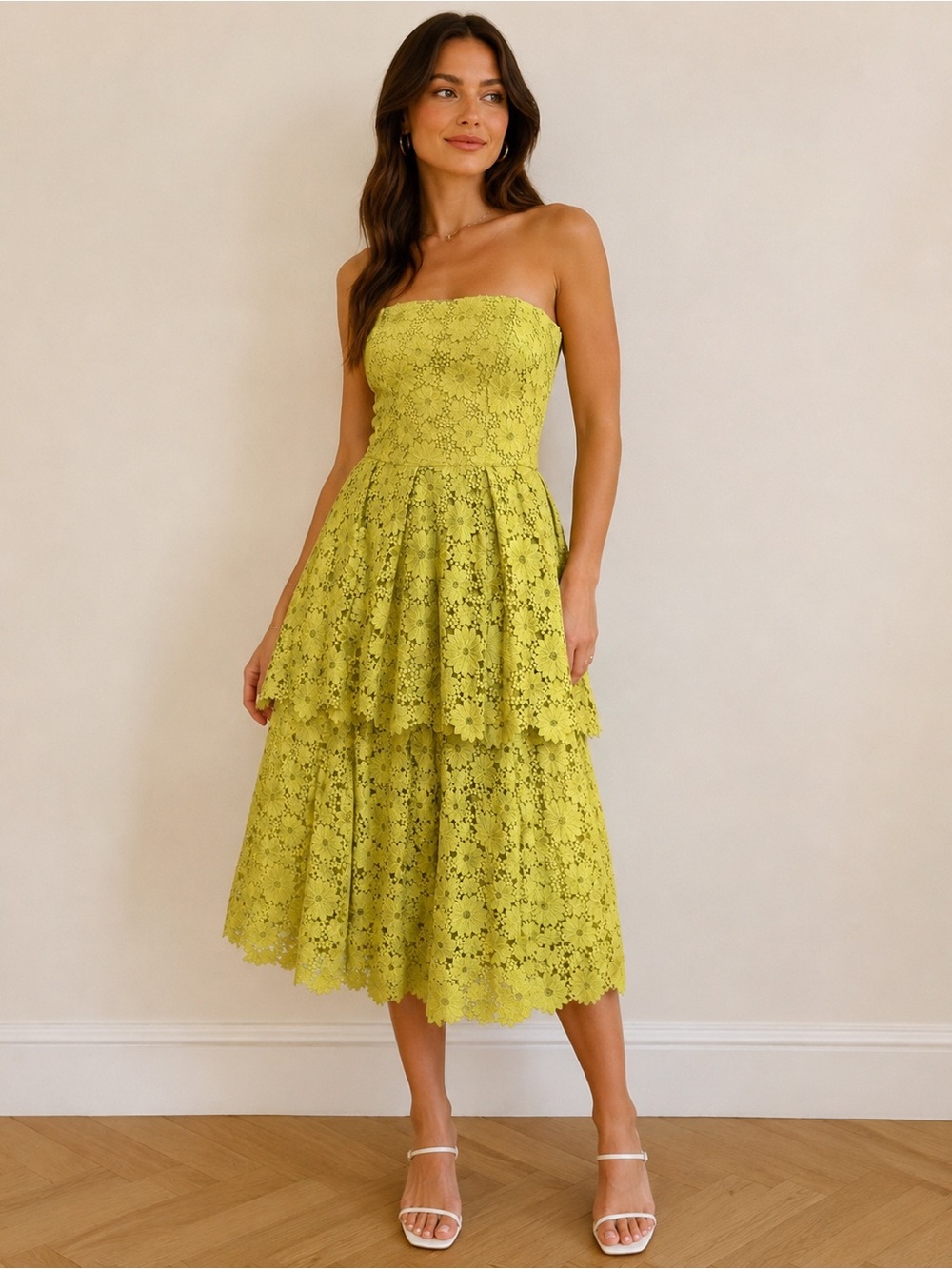 Anthropologie Strapless Lace Tiered Midi Dress in Lime